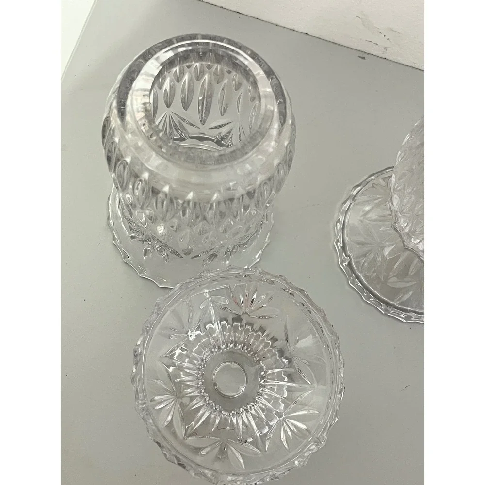 Vintage Hurricane Candle Holder Set  Clear Glass‎ Starburst Pressed Pattern